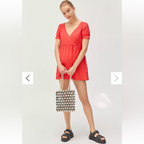 Red Linen Babydoll Mini Dress - Picture 1 of 13